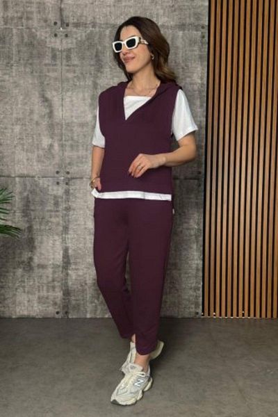Mossta V-Neck Hooded Viscose Two Thread Blouse and Trousers Two Piece Set - Burgundy