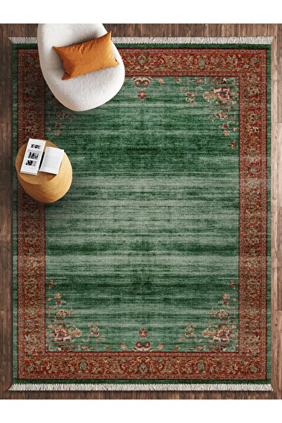 HALIZZON Zümrüt Yeşili Hibiskus Kırmızısı Bohem Çiçek Desenli Plush Salon Halısı