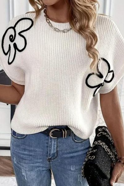 Mossta Crew Neck Floral Detailed Knitwear Blouse - White
