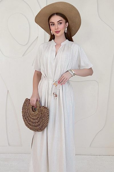 Elbee Fashion Woman Casual Linen Dress with Belt Detail