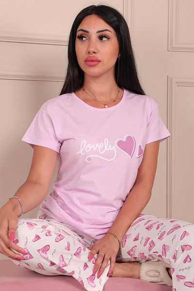 Niket Life Set de pijamale din bumbac pieptănat lung, cu mâneci scurte, cu decolteu, cu slogan încântător și model de inimă pentru femei