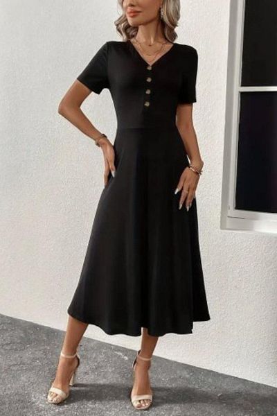 Mossta Button Detailed V-Neck Short Sleeve Midi Dress - Black