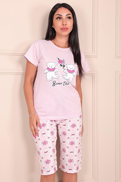 Niket Life Kadın Ayıcık Desenli Bisiklet Yaka Kısa Kollu Altı Kapri Penye Pijama Takımı