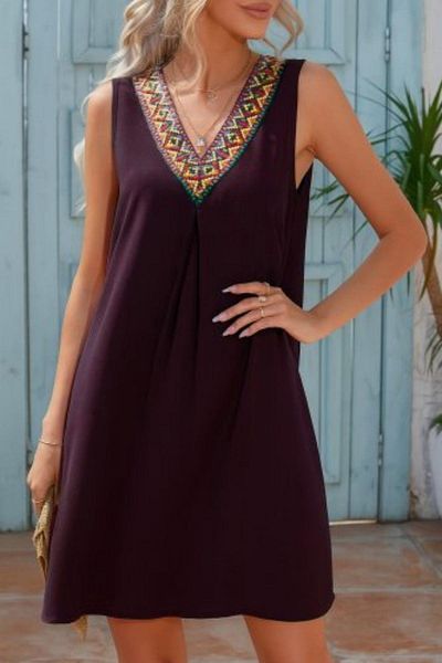 Mossta Ethnic Patterned V Neck Sleeveless Viscose Dress - Plum