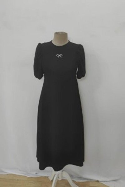 Mossta Μίντι φόρεμα κρεπ με λεπτομέρεια με μπαλόνι μανίκια - Μαύρο