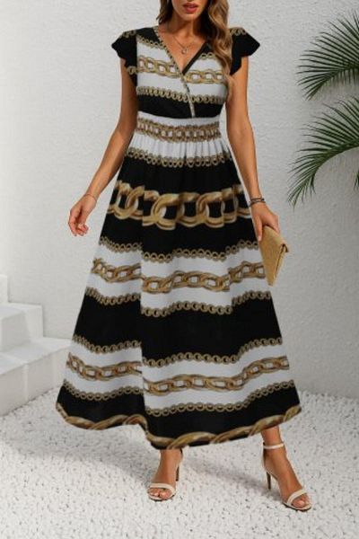 Mossta Double Breasted Collar Flange Sleeve Patterned Knitted Crepe Dress - Chain