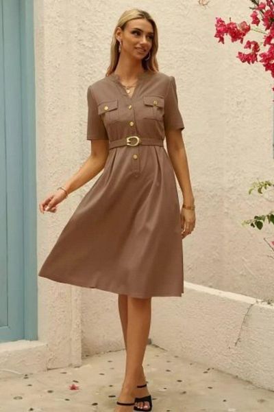 Mossta Short Sleeve Buttoned Belt Detailed Atlas Dress - Brown