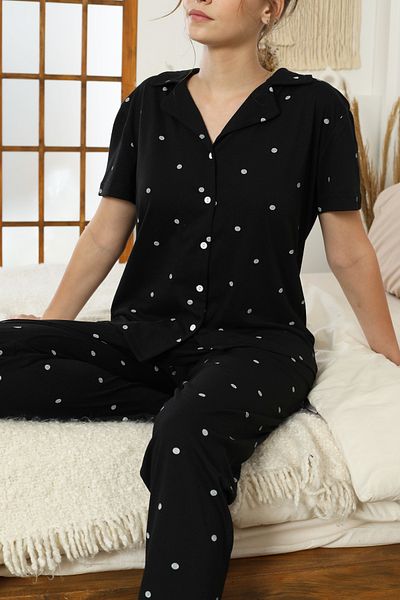 Siyah İnci Black and White Score Pattern Knitted Button Pajamas Suit 7610