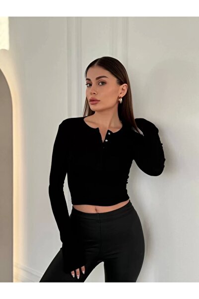 MODA Μακρυμάνικο Crop με λεπτομέρεια - Μαύρο