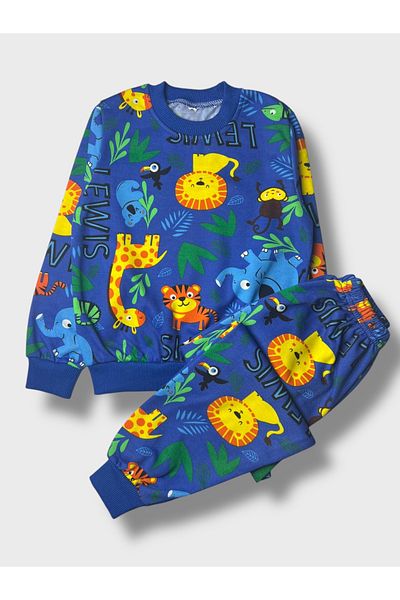Pajama Shop Boys' Cotton Hooded Blue Color Safari Animals Patterned Long Sleeve Winter Pajama Set