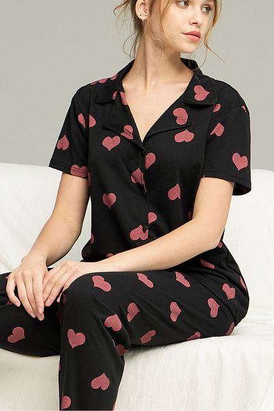 Siyah İnci Black Pink Heart Pattern Knitted Button Pajamas Suit 7610