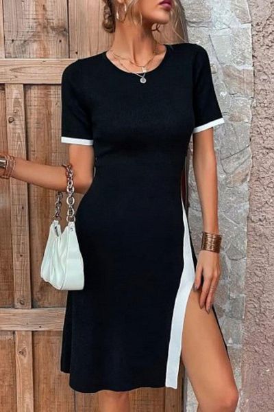 Mossta Crew Neck Side Slit Short Sleeve Dress - Black