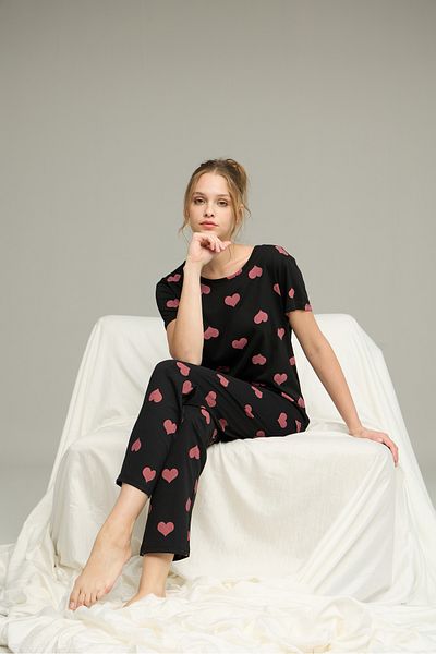 Siyah İnci Black Pink Heart Pattern Short Sleeve Knitted Pajamas Suit 7612