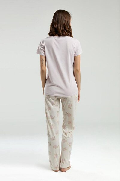 Pierre Cardin Women's Ecru Crew Neck Collar Viscose Pocket Detailed Pajama Set