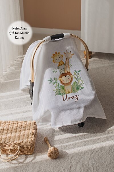 100% Cotton Name Double Layer Muslin Stroller Cover-Giraffe and Friends