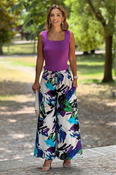 Nevin Kaya Moda Italian Purple Dali 100% Cotton Viscose Trousers