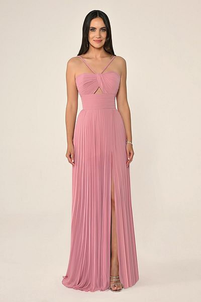 ALFABETA Women's Long Length Pleated Halter Neckline with Drawstring Powder Evening Dress & Homecoming Dress Ab7135-Pudra