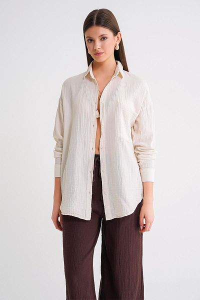 Mixray 3833 Women's Oversize Pocket Muslin Shirt Natural