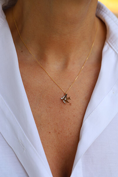 Yenigün Kuyumculuk 14 Ayar Altın Taşlı ve Taşsız İçi Boş İkili Kırlangıç Kolye