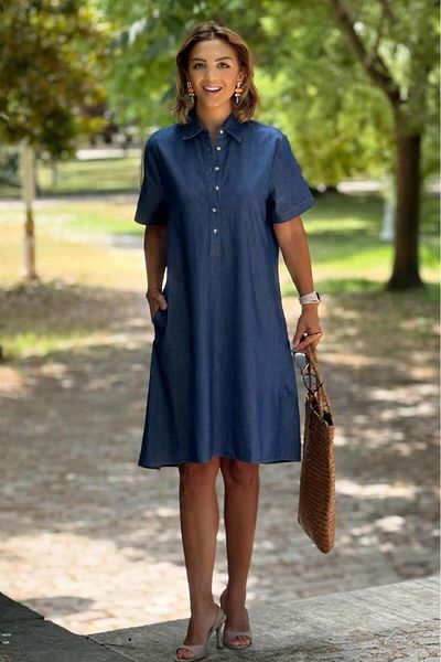 Nevin Kaya Moda Φόρεμα Half Patched Denim Χρώμα 100% βαμβάκι