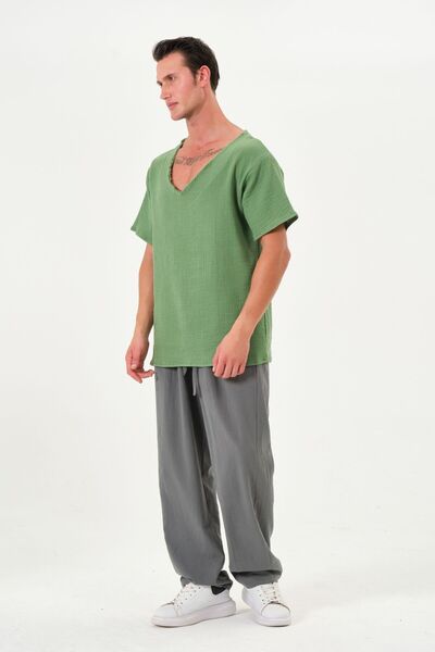 RELAXL 100% βαμβακερό μπλουζάκι με υπερμεγέθη ραφές με λαιμόκοψη V με πράσινη μουσελίνα Διαλογισμός γιόγκα