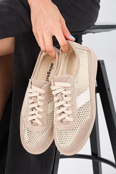 Mio Gusto Irina Genuine Leather Beige Color Mesh Women's Sports Shoes