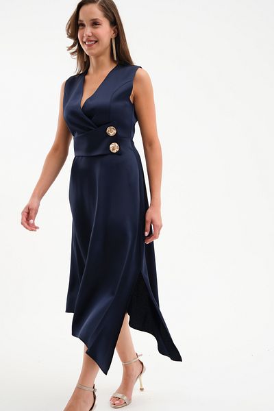 Lafaba Women's Navy Blue Belt Detail Satin Midi Dress