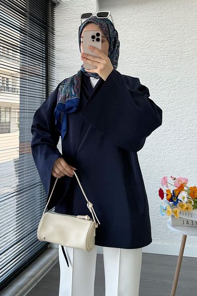 MELEK ARAZ Collar Pleated Tie Kimono Tunic – Navy Blue