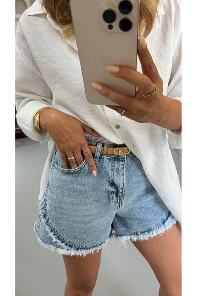 Sezgi Tekin Tassel Detail Washed Denim Shorts