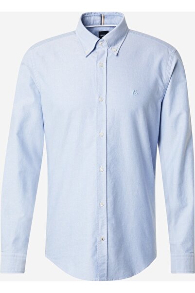 BOSS Erkek Slim Fit %100 Pamuklu Logo İşlemeli Uzun Kollu Mavi Gömlek 50544951-450