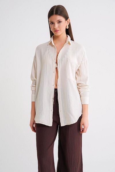 Mixray 3833 Women's Oversize Pocket Muslin Shirt Natural