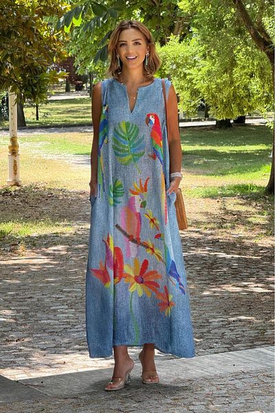 Nevin Kaya Moda Zero Sleeve Dress with Red Parrot