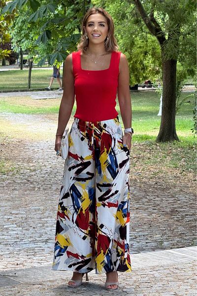 Nevin Kaya Moda Italian Red Dali 100% Cotton Viscose Trousers