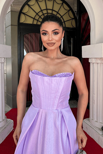 giyimmasalı Taffeta Satin Fabric Strapless Midi Dress - Lila