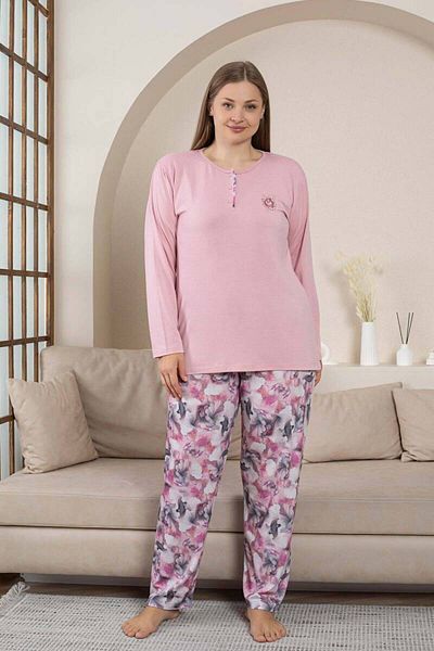 ALİMER Plus Size Pajamas Set - Dried Rose Flower Pattern Long Sleeve Lycra Combed Cotton 2859Uyb
