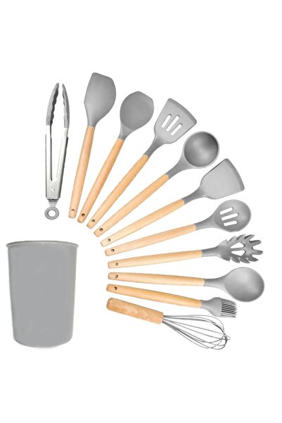 Aptel Complete kitchen accessory set, 12 pcs., wood/silicone, gray