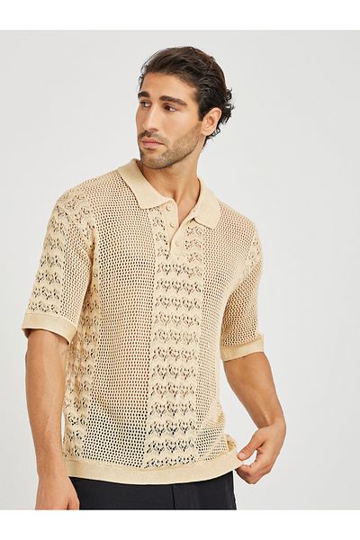 Styli Men Beige Crochet Short Sleeve Relaxed Fit Polo T-Shirt