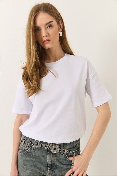 Bianco Lucci Women's 100% Organic Cotton Relaxed Fit Slit Round Neck Double T-Shirt 60602058