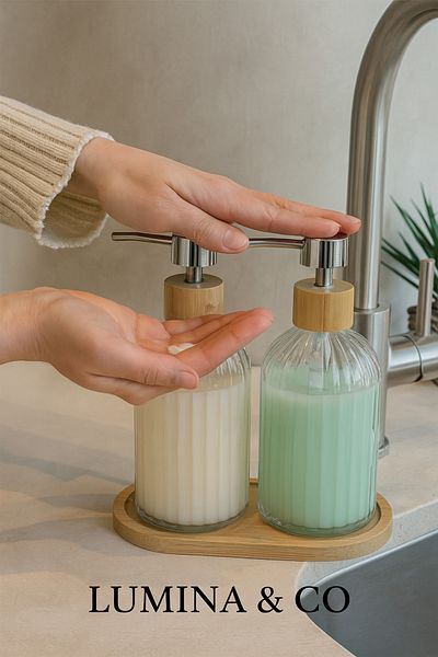 LUMİNA Set of 2 Glass Liquid Soap Dispensers with Bamboo Stand – Decorative Elegance for Kitchen & Bathroom Use