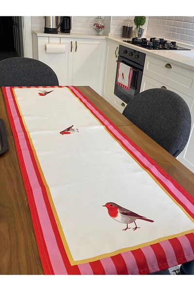 Ayd Home Ροζ σετ κουζίνας με 2 πουλάκια runner+κάλυμμα φούρνου ριγέ χριστουγεννιάτικο χριστουγεννιάτικο