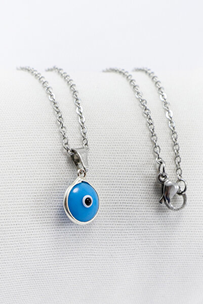 biuti Rame Blue Evil Eye Beaded Bijoux Necklace (Steel Chain 60 cm), Silver C...