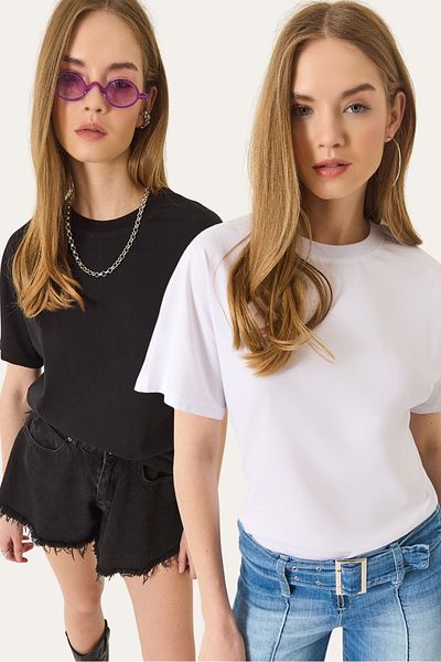 Bianco Lucci Women's 100% Organic Cotton Regular Fit Crew Neck Basic Short Sleeve Double T-Shirt 60602056