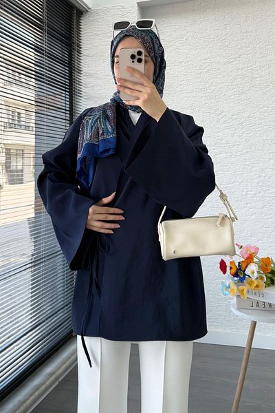 MELEK ARAZ Collar Pleated Tie Kimono Tunic – Navy Blue