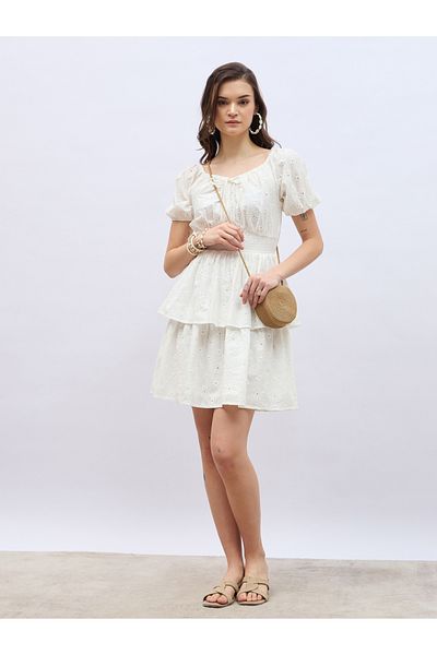 Styli Schiffli Puff Sleeve Smocked Detail Knee-Length Dress