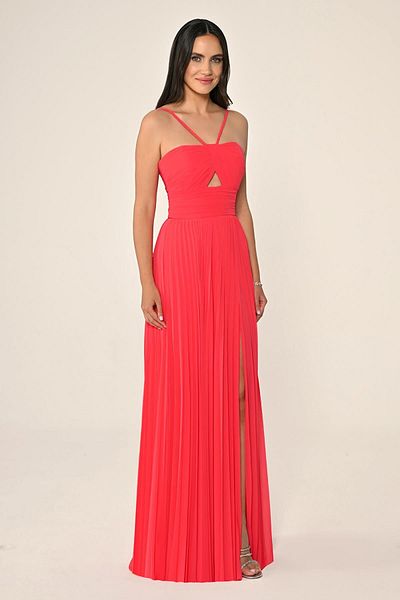 ALFABETA Women's Long Length Pleated Halter Neckline with Drawstring Fuchsia Evening & Homecoming Dress Ab7135-A.Fuşy