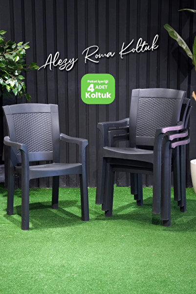 Alezy Roma Rattan Sırtlı Kollu Koltuk Balkon Bahçe Sandalyesi 4 Adet Antrasit...