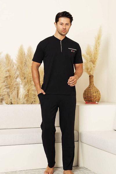 ALİMER Men's Pajama Set - Black Crest Embroidered Lycra Short Sleeve Combed Cotton 1194Ky