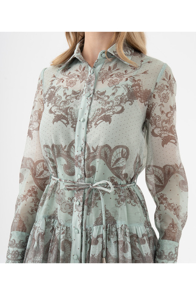 SERPİL Desen Bloklu Gömlek Yaka Kuşaklı Uzun Elbise