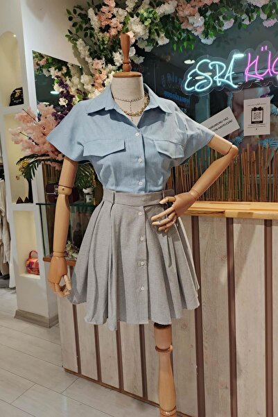 Eswomes Kontrast Renklı Gömlek Elbise bebe mavi