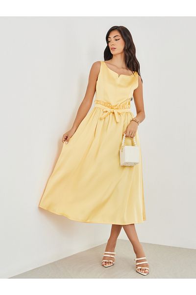 Styli Solid Sleeveless Notch Neck A-Line Midi Dress